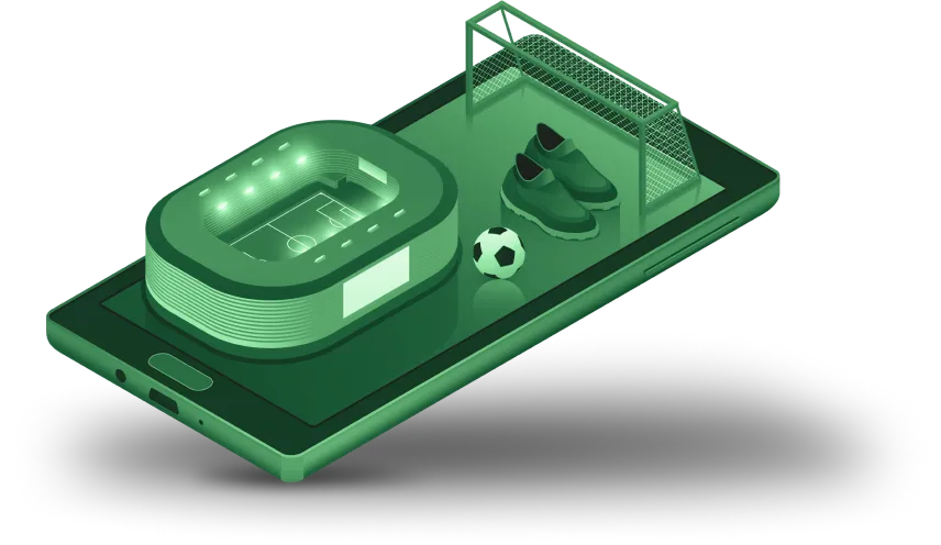 Composição ilustrada de um celular e elementos de futebol tais como um par de chuteiras, uma trave e uma bola.